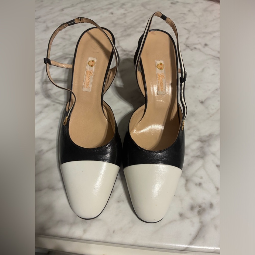 Vintage Gucci Black and White Two-Tone Slingback Capped Toe Heels SZ 36.5